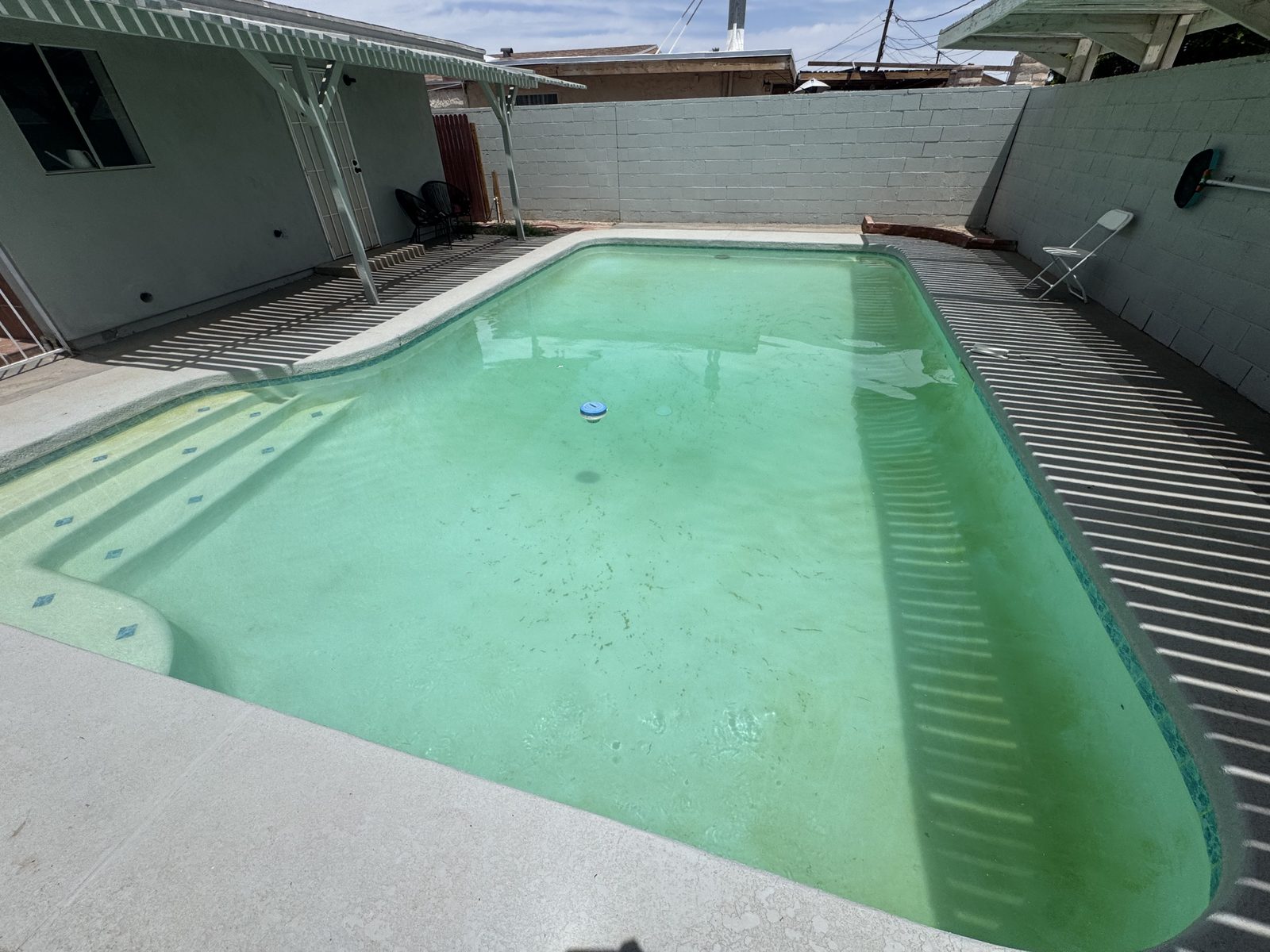 Cloudy green backyard pool before a green-to-clean service in Yuma, AZ
